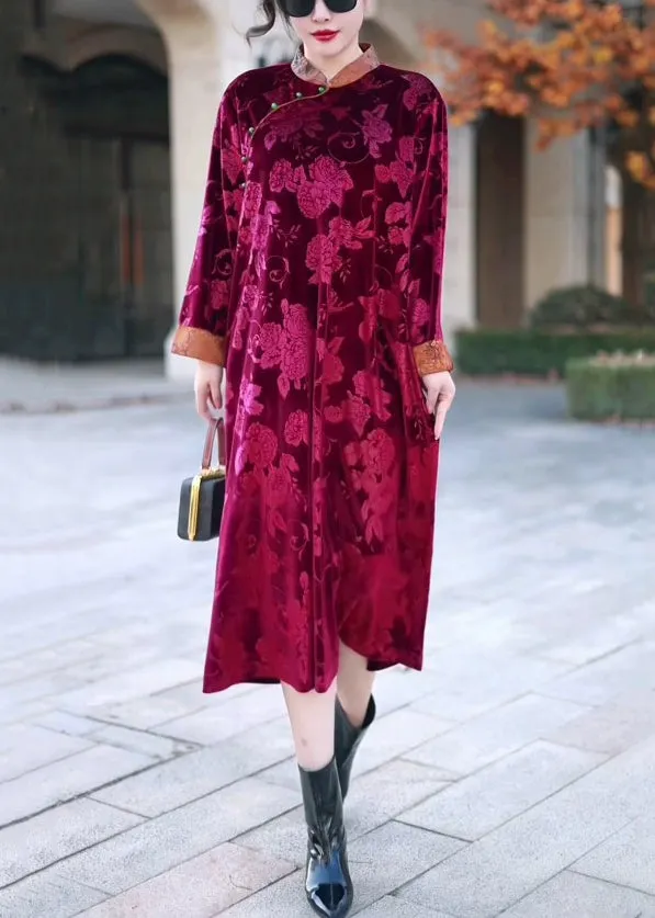 Red Button Patchwork Silk Velour Long Dress Stand Collar Winter
