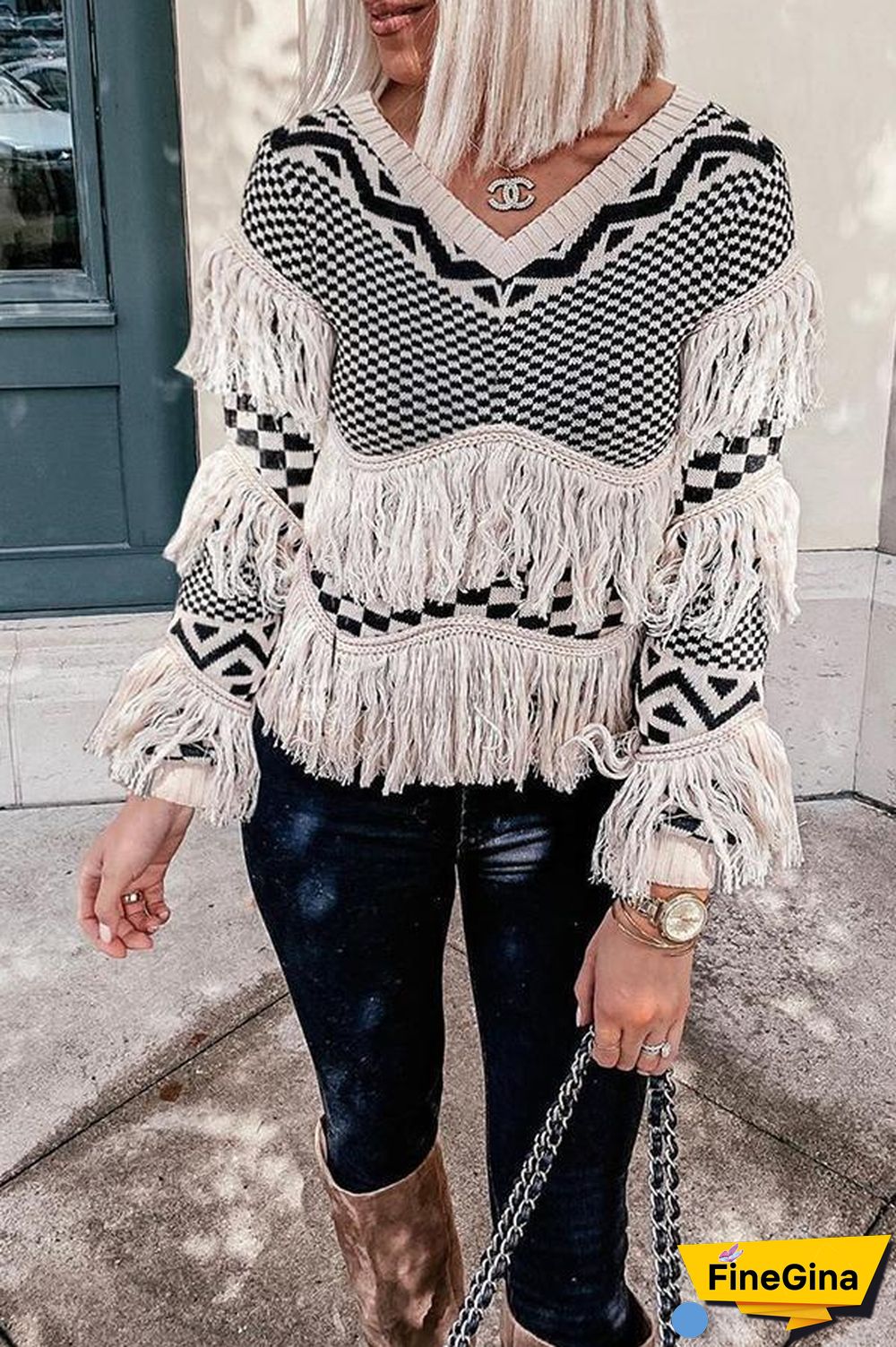 V Neck Long Sleeve Fringed Sweater P16126