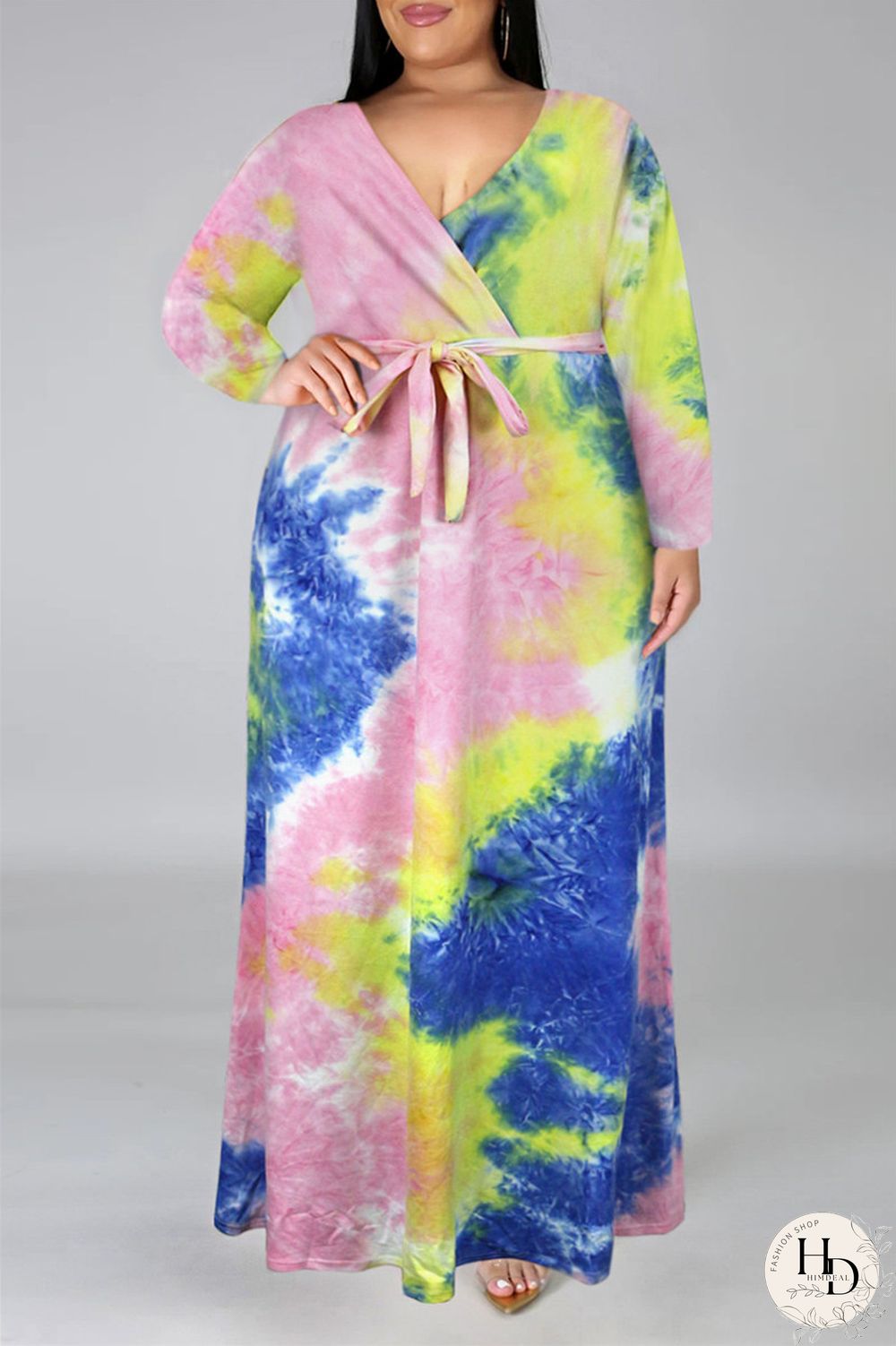 Colour Fashion Casual Print Tie-dye V Neck Long Sleeve Plus Size Dress