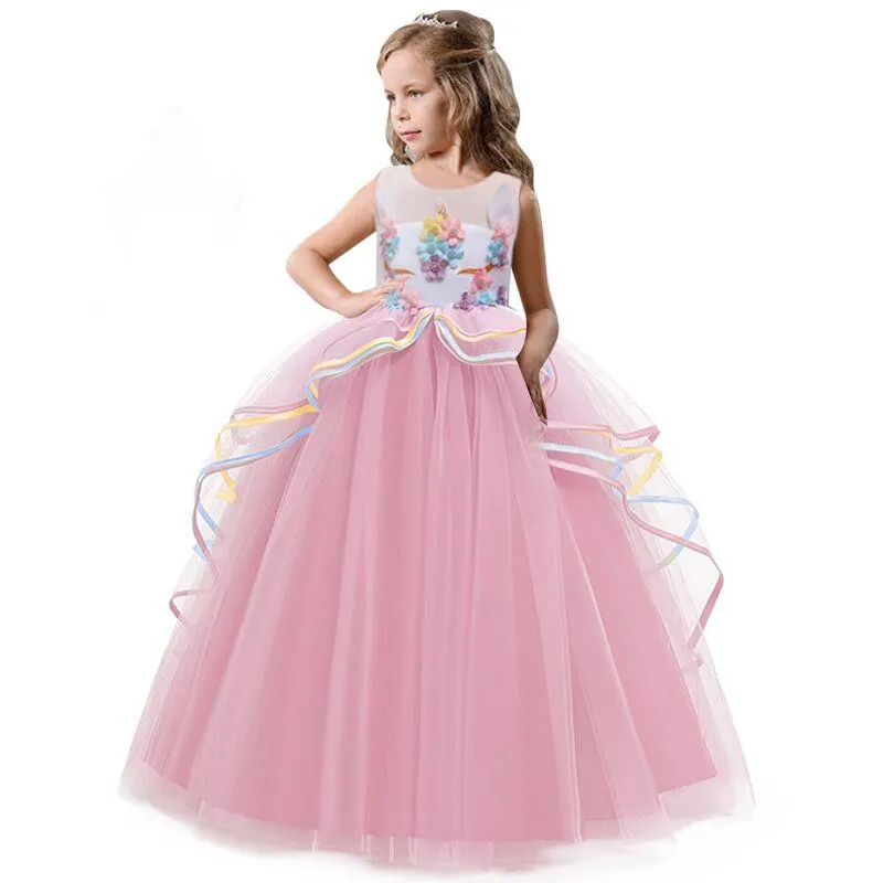 Girl Flower Petals Wedding Dress Children Bridesmaid Outfits Elegant Dress for Girls Vestido Party Prom Gown Princess Costume