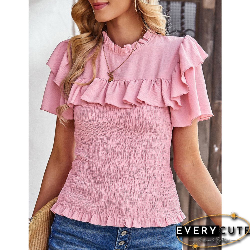 Pink Drawstring Ruffle Short Sleeve Pleated Blouse