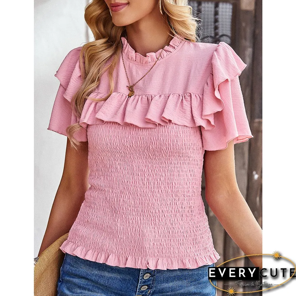 Pink Drawstring Ruffle Short Sleeve Pleated Blouse