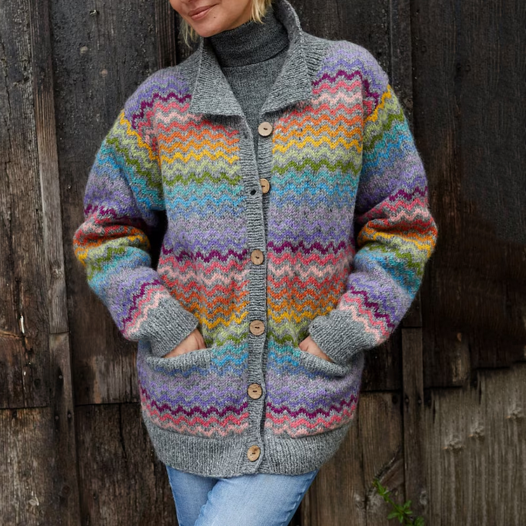Vintage Warmth Rainbow Bright Colours Jacquard Sweater Cozy Knit Lapel Cardigan