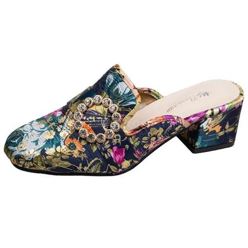 Retro Square Heel Women Slippers Flower Embroider Summer Shoes Fashion Thick Sole Slides Comfortable Zapatillas Mujer Casa