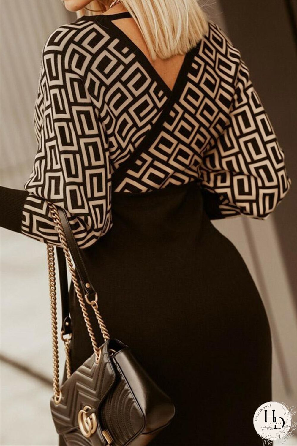 Black khaki Fashion Casual Print Patchwork V Neck Long Sleeve Dresses