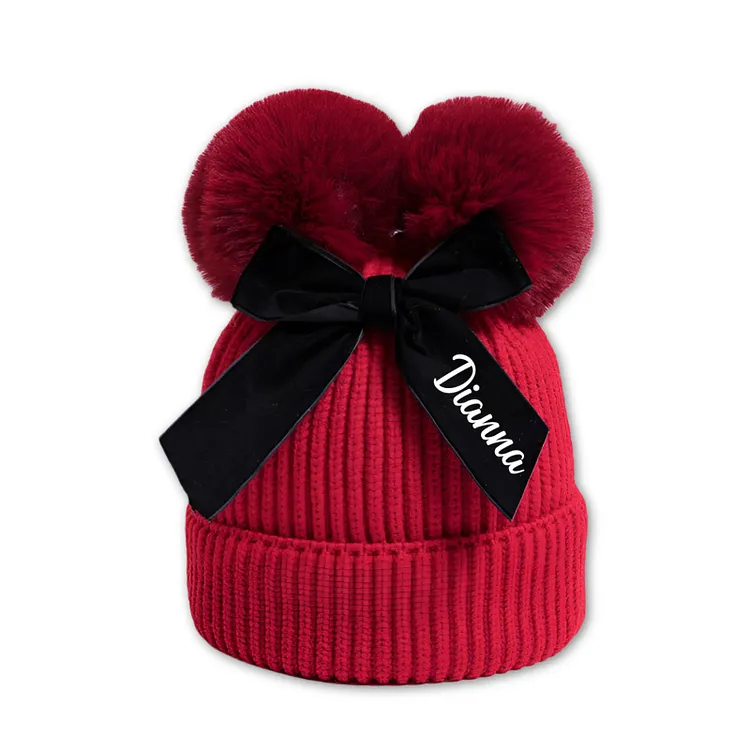 Custom Baby Beanie Hats, Personalized Name Double Bobble Knit Hat with Bow for Boys & Girls &ndash; Soft Warm Infant Toddler Winter Hat, Beanie Babies Cap Dark Brown