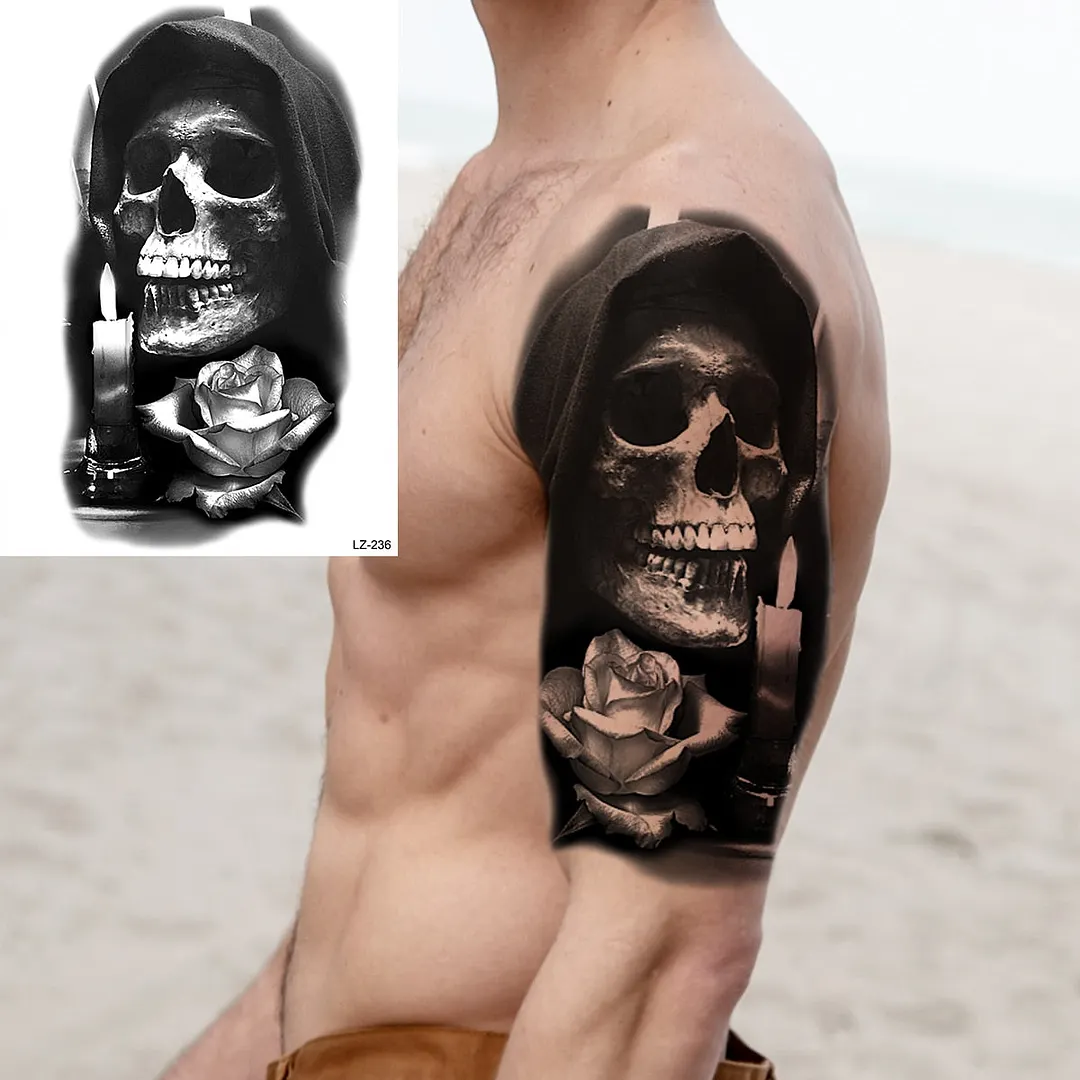 Black Rose Flower Sexy Temporary Tattoos For Women Adult Thigh Peony Skull Realistic Fake Tattoo Sexy Washable Tatoos Sticker