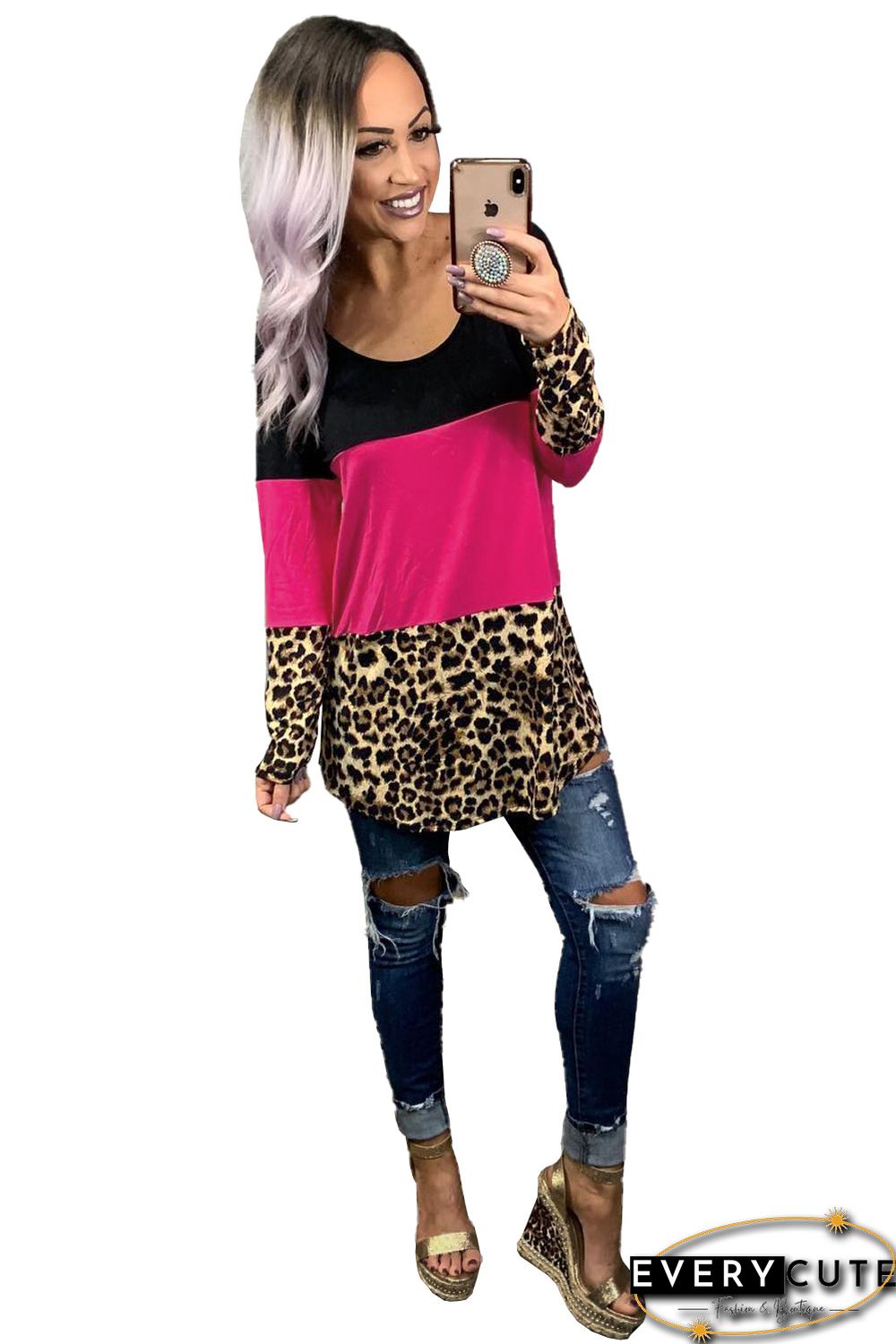 Rose Colorblock Leopard Triple Patchwork Long Sleeve Top
