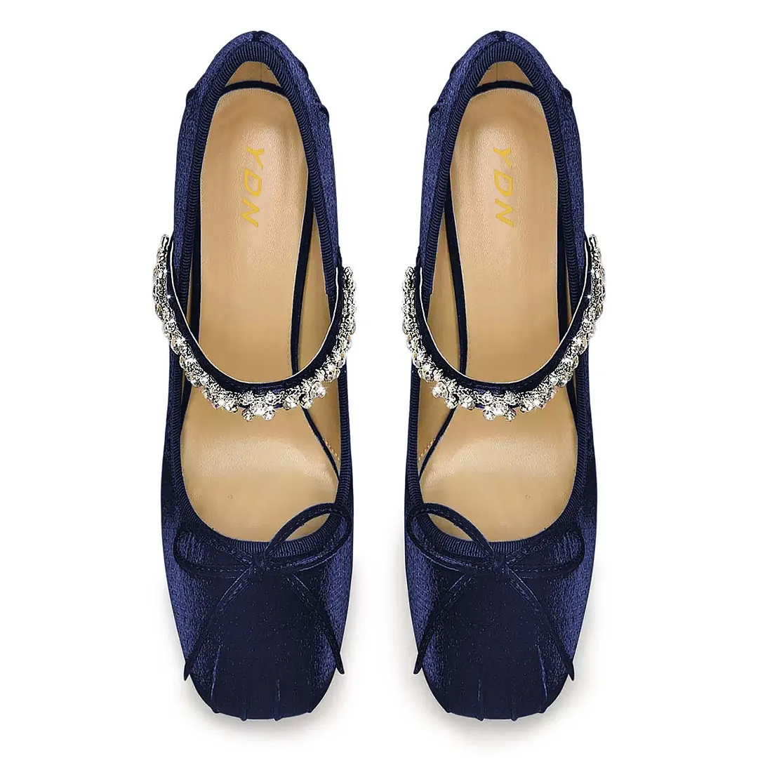Velvet Rhinestone Strap Square Toe Bow Navy Flared Heel Pumps Shoes