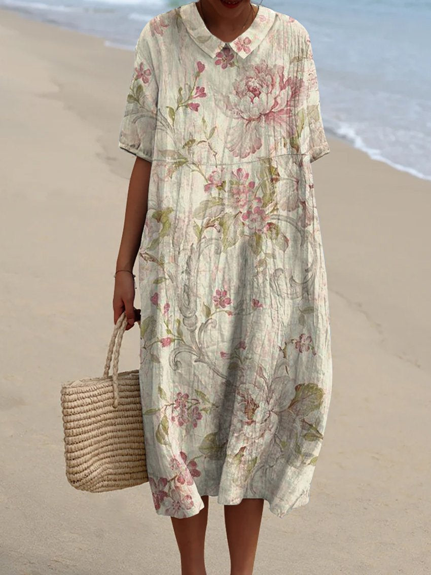 Women's Vintage Floral Art Print Pocket Linen Dress