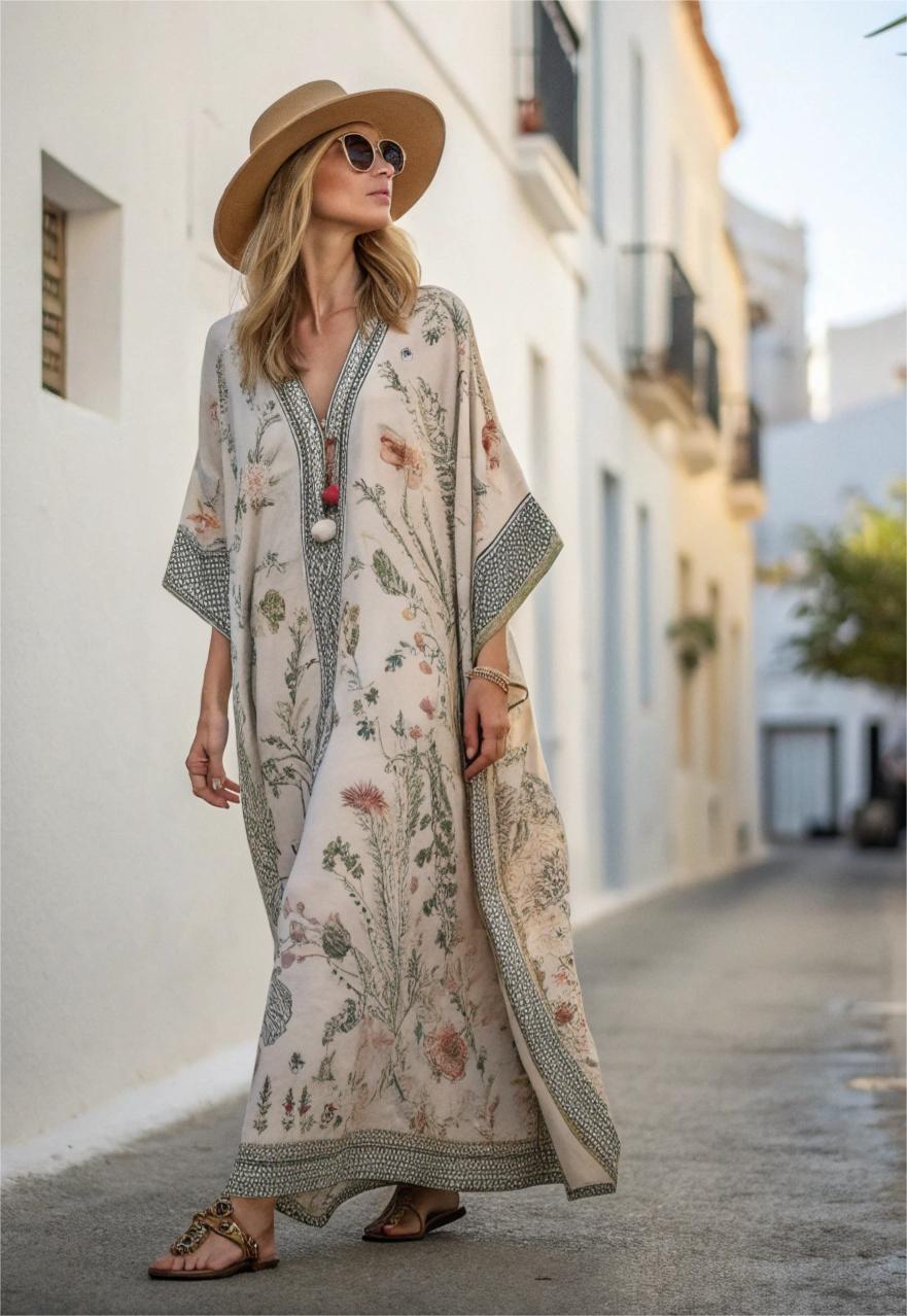 Contton & Linen Long Sleeve Kaftan Maxi Dress