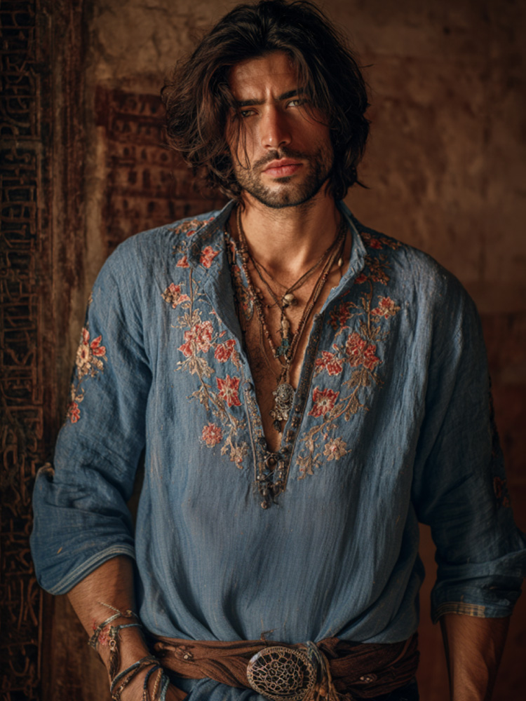 Men's Vintage Floral Embroidered Comfy Linen Shirt  artssus