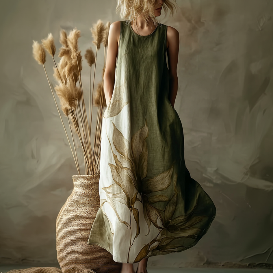 Plant Pattern Design Casual Linen Dress elevenforest