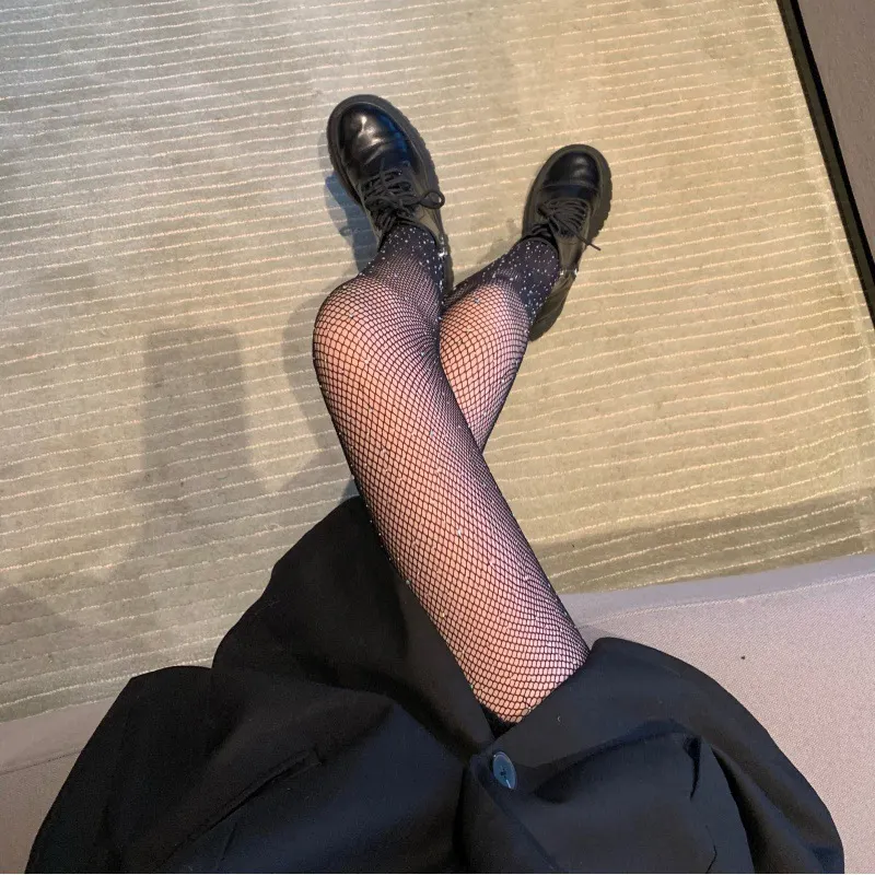 Churchf [With Diamonds] Black Stockings Women Thin Ins Tide Sexy Hollow Fishing Net Socks Spring Hot Diamond Crystals Even Foot Socks