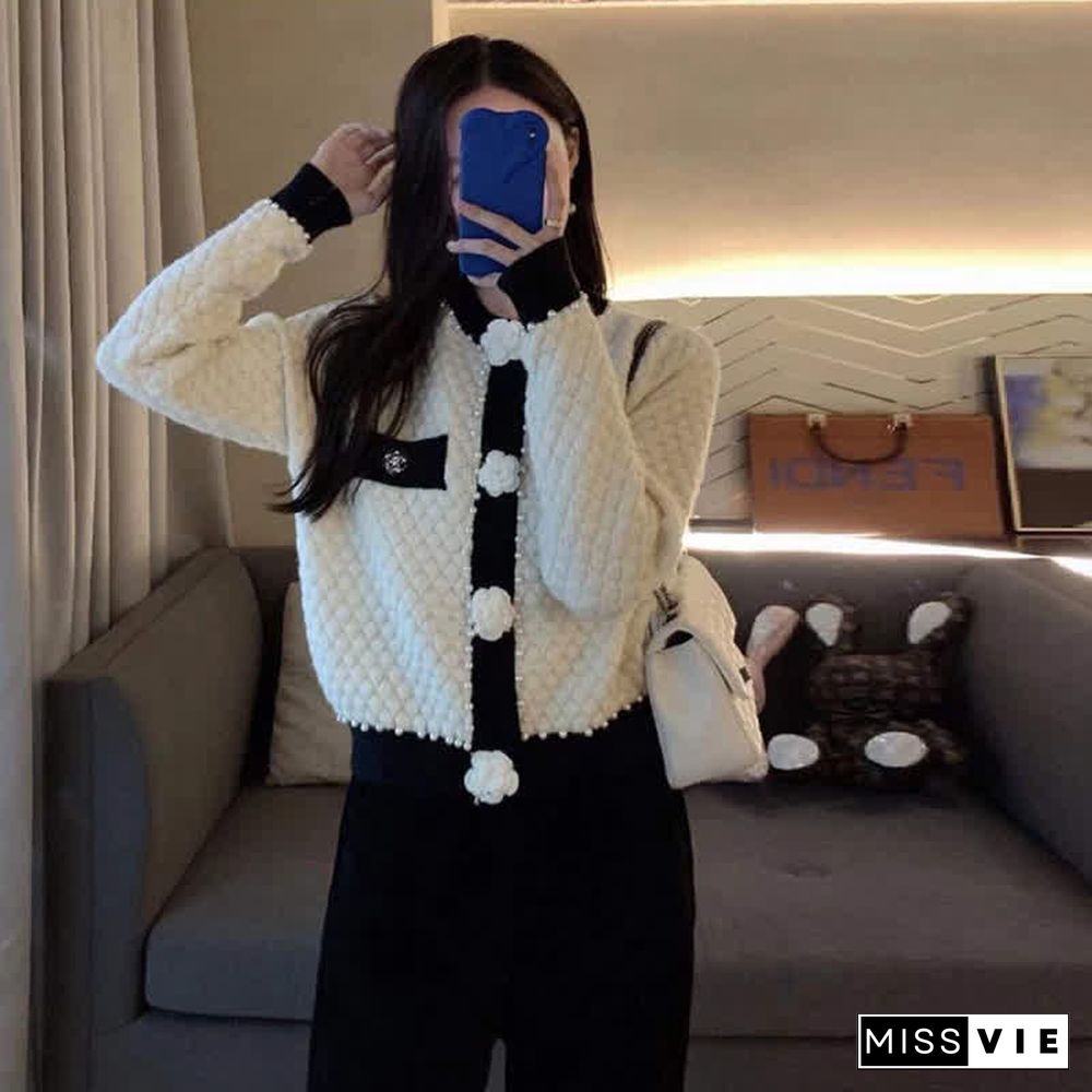 Pearl Decor 3D Blossom Button Cardigan Sweater