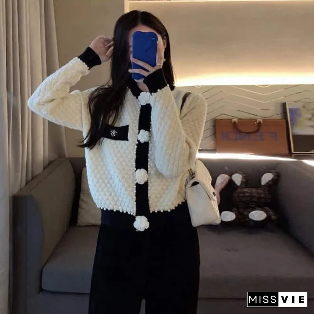 Pearl Decor 3D Blossom Button Cardigan Sweater
