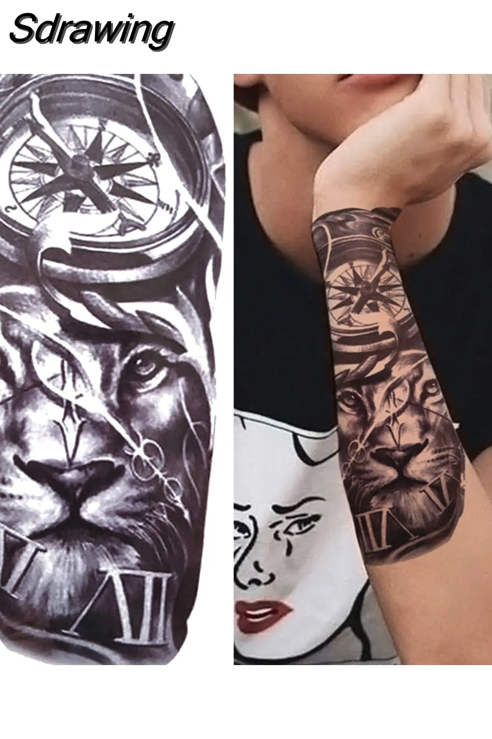 Sdrawing Arm Temporary Tattoos Sleeve For Men Women Realistic Fake Tatoos Warrior Lion Tiger Flower Tatoo Sticker Black Totem Maori 507-1