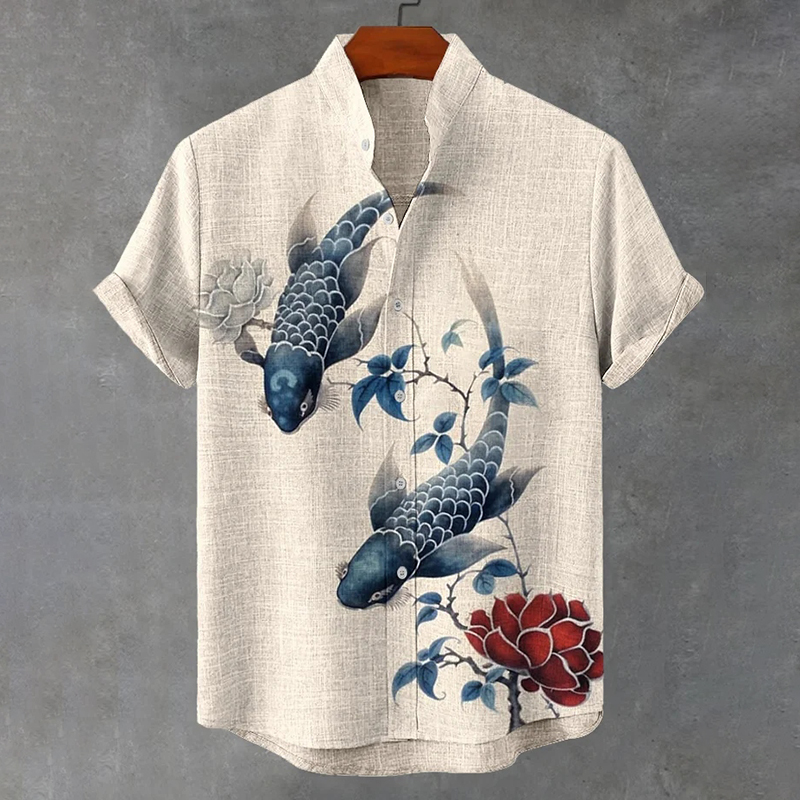 Men's Vintage Fish And Floral Art Print Casual Shirt  artssus