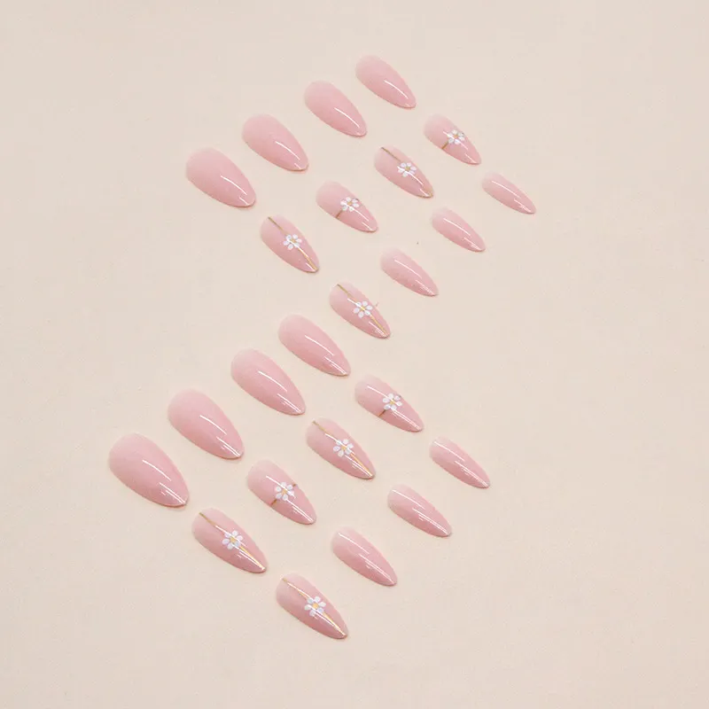 Churchf Churchf Pure Desire Gold Line Floret Nail Round Head Almond Nail Girl Powder Sweet Fake Nail 24 Pieces Of Practice Nail