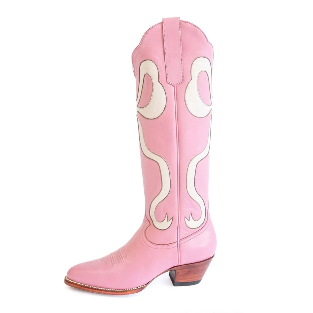 Pink & White Closed Toe Bow Inlay Knee High Cowgirl Boots
