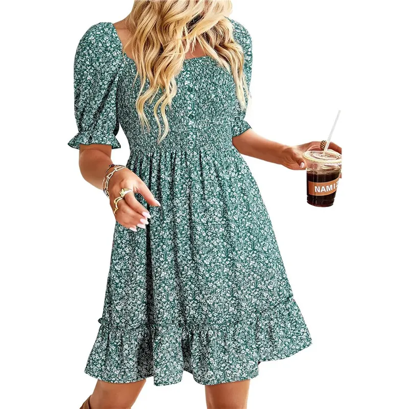 Athvotar Athvotar Women's Summer New New Ocean Bubble Bubble Sleeves Crush Flower Dresses Women's Dress
