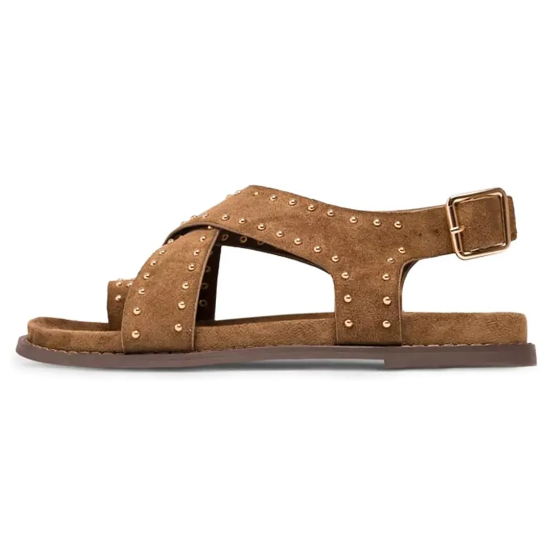Chic Brown Vegan Suede Studs Embellished Flat Toe Loop Sandals