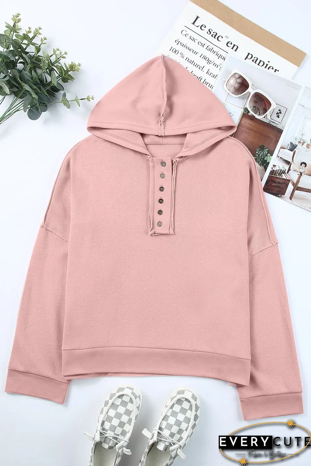 Pink Casual Button Solid Patchwork Trim Hoodie