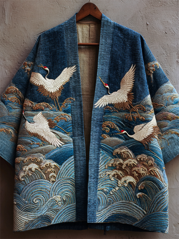 Japanese Cranes & Sea Waves Embroidered Linen Kimono Cardigan  artssus