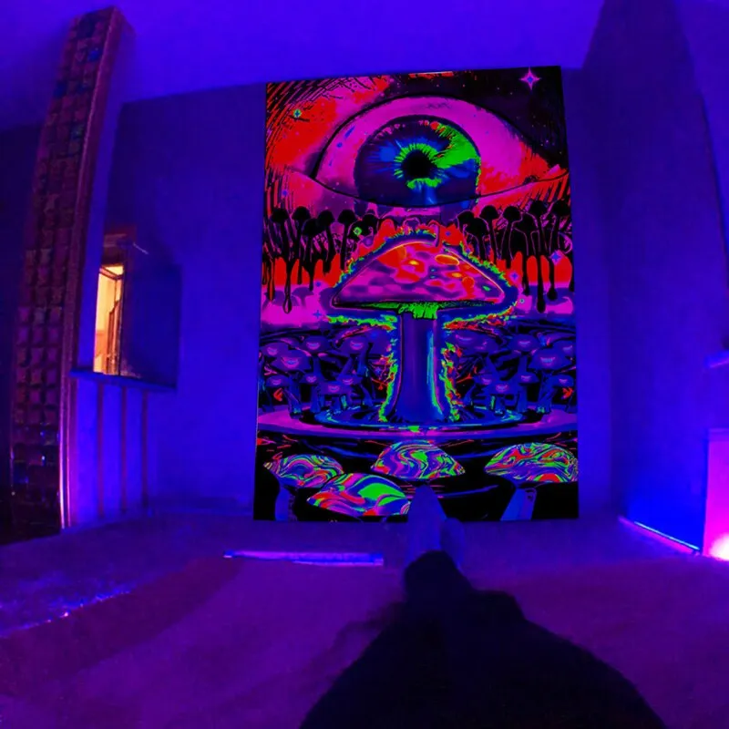 Fluorescent Starry Tapestry Skeleton Mushroom Psychedelic Black Light Wall Hanging Cloth DIY Home Decoration Trippy Room Decor