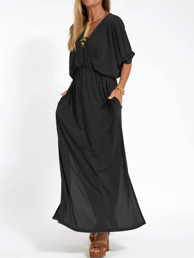 Casual Solid Color High Waist Split V-Neck Dress
