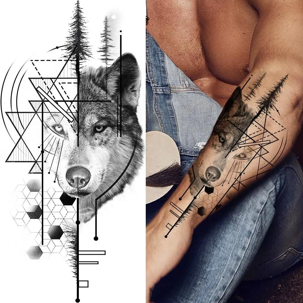 Sexy Rose Lion Flower Temporary Tattoos For Women Men Kids Boys Realistic Fake Wolf Tattoo Sticker Black Cross Compass Tatoos 1108