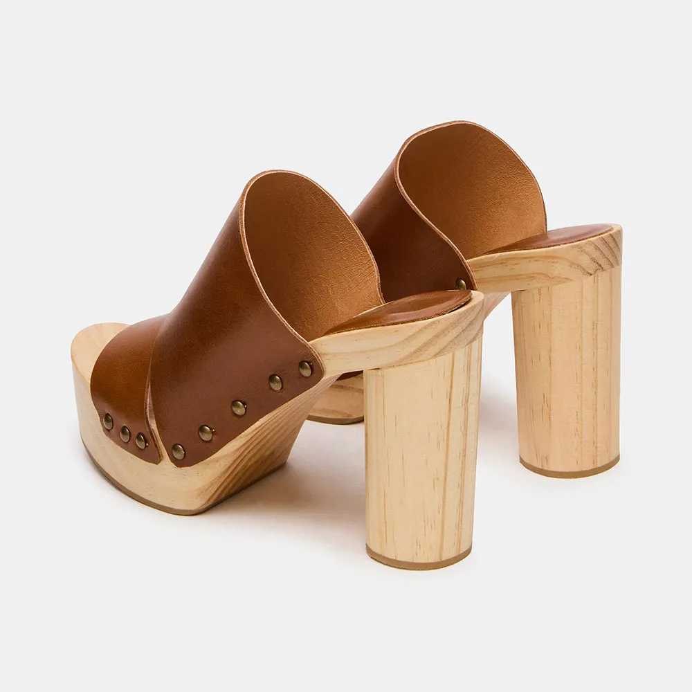 Brown Open-Toe Studded Cylinder Heel Platform Slide Sandals