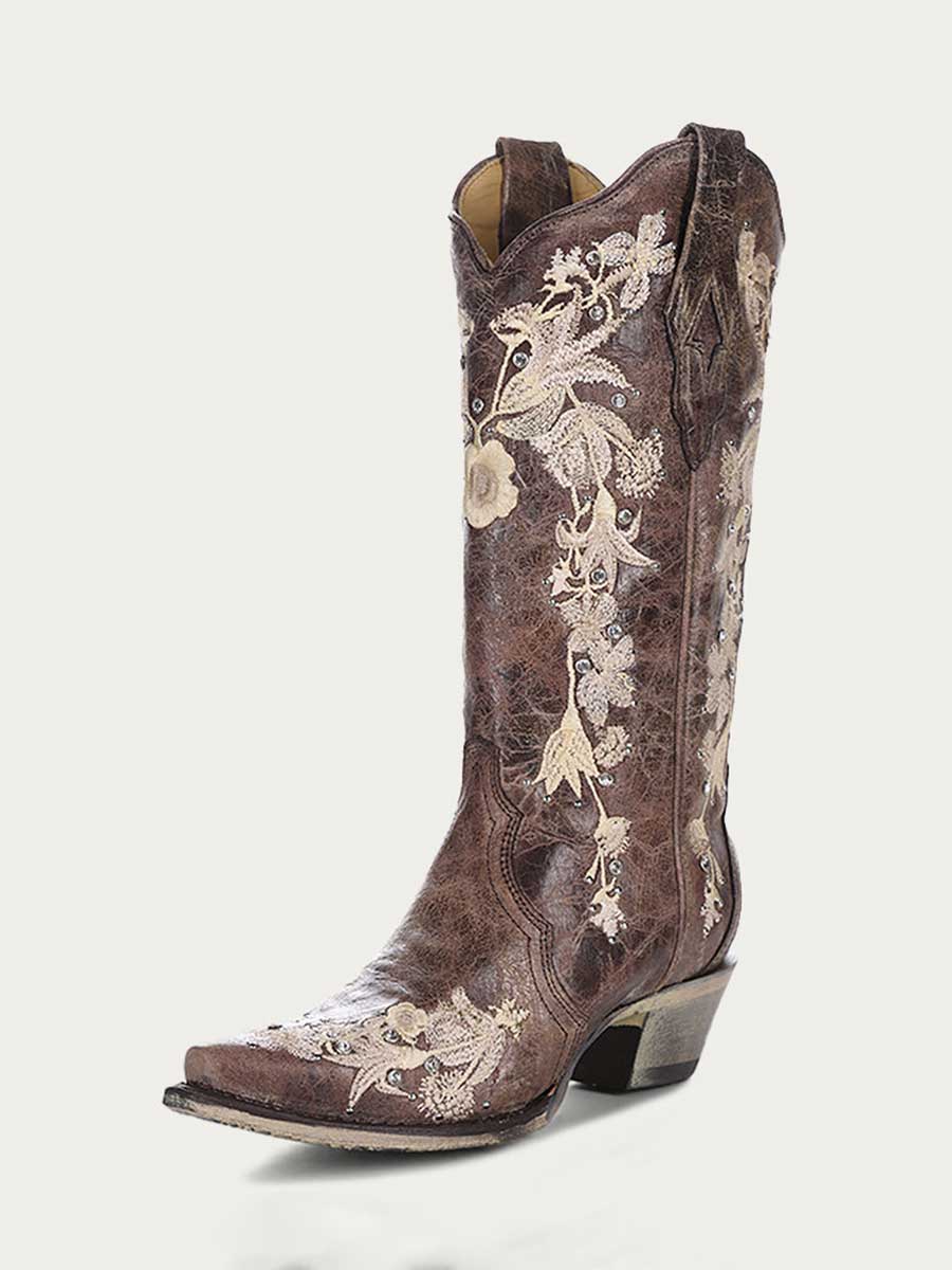 Brown Floral Embroidered Rhinestones Mid-Calf Western Boots for Women