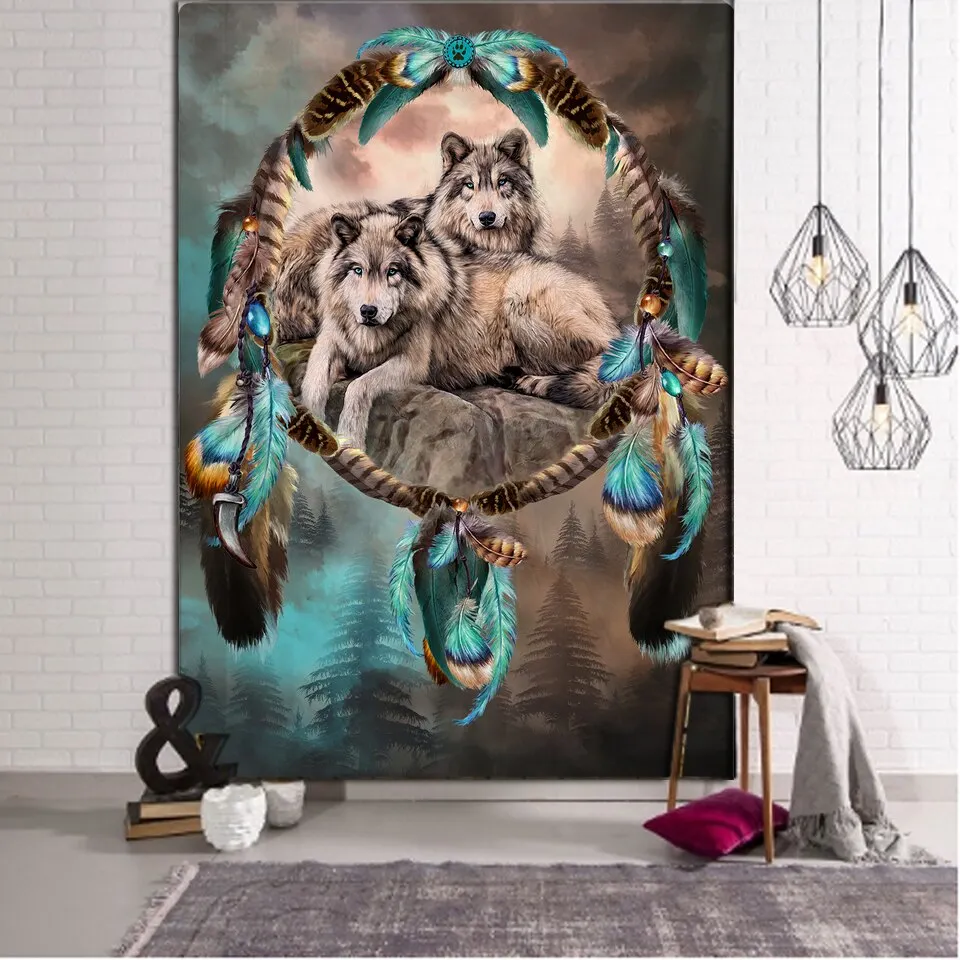 Animals Wolf Tapestry Background Psychedelic Wall Hanging Tribal Animal Sheets Wolf Tapestry Home Decor Beach Mat