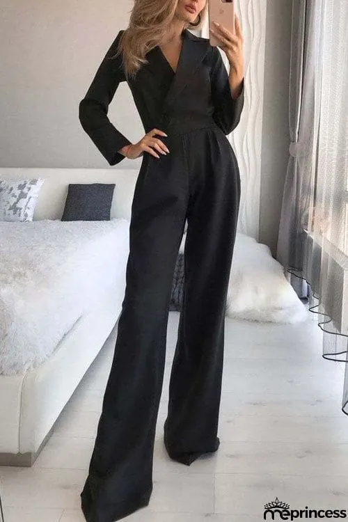 Fashion Suit Collar Long Sleeve Jumpsuit