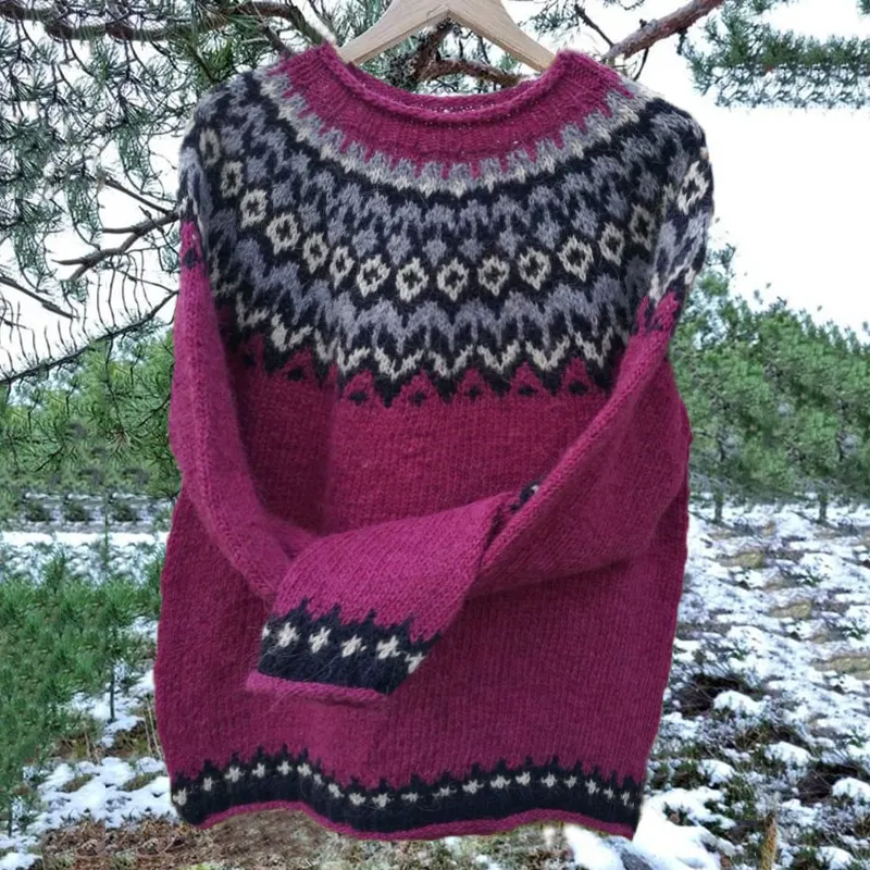 Vintage Jacquard Warmth Icelandic Knit Crew Neck Sweater（Unisex）