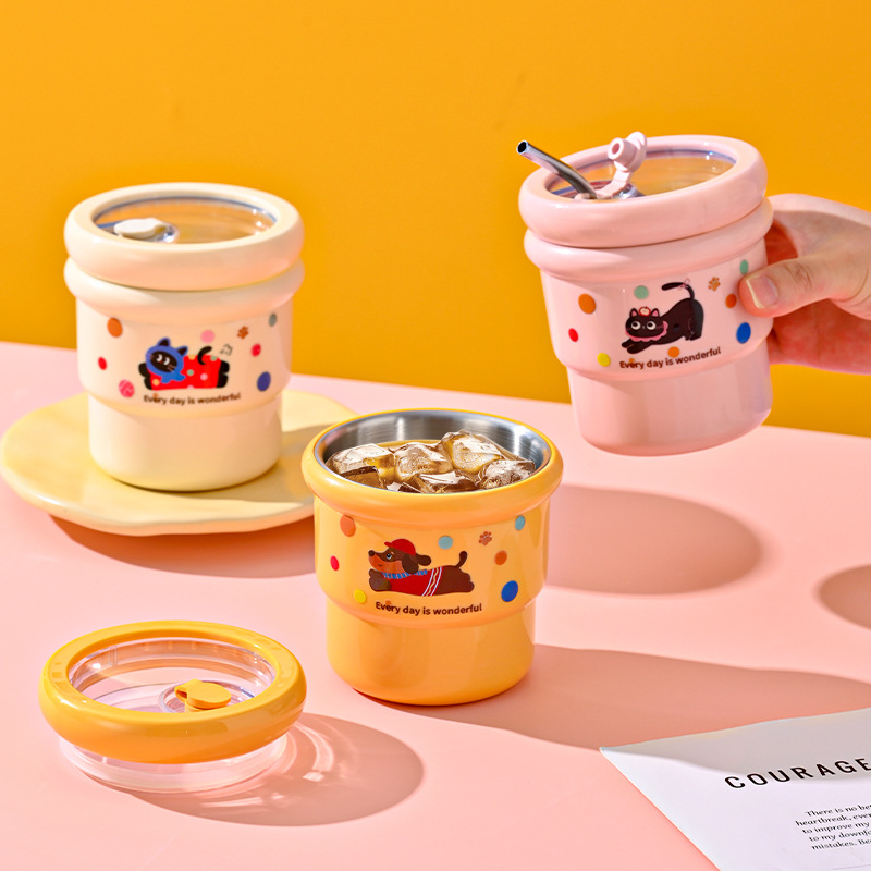 304 Stainless Steel Dopamine Coffee Cup for Office Workers, Cartoon Cute Straw Cup, Portable Cup