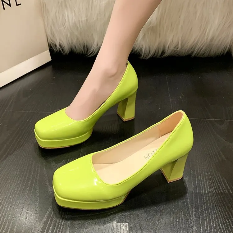 Churchf Churchf Size Square Head High Heels Fashion Waterproof Platform Women's Fashion Cover Foot Bright Skin Thick Heel Work Single Shoes