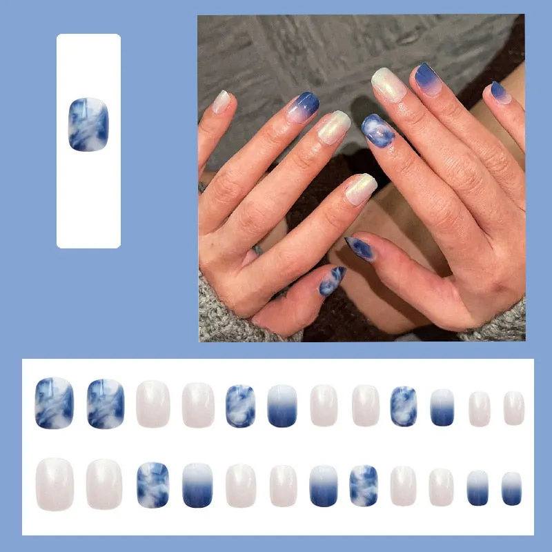 24pcs/box Blue Dye With Sequins Decorated press on nail tips Frosted Square Head Short Wearable Full Cover fake nails with glue-Nail Inspo