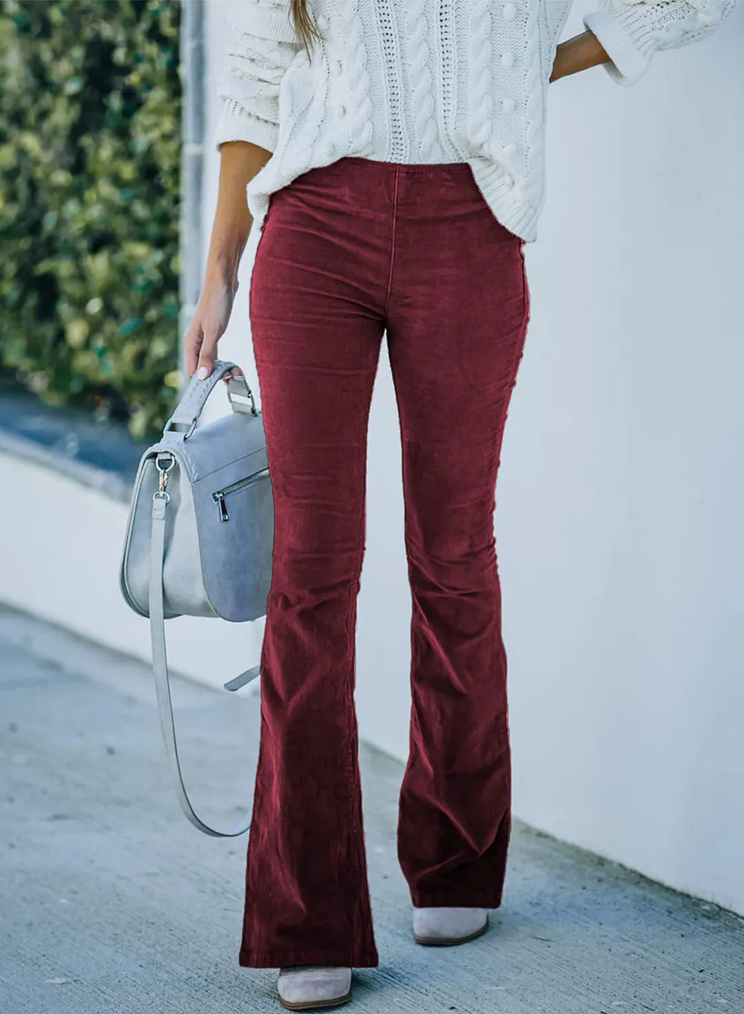 Brownm Color High Waist Slim-fit Flared Corduroy Elastic Pants
