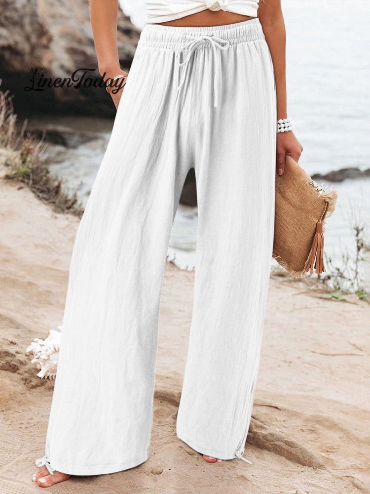 Women&rsquo;s Cotton And Linen Wide Leg Casual Pants White / S