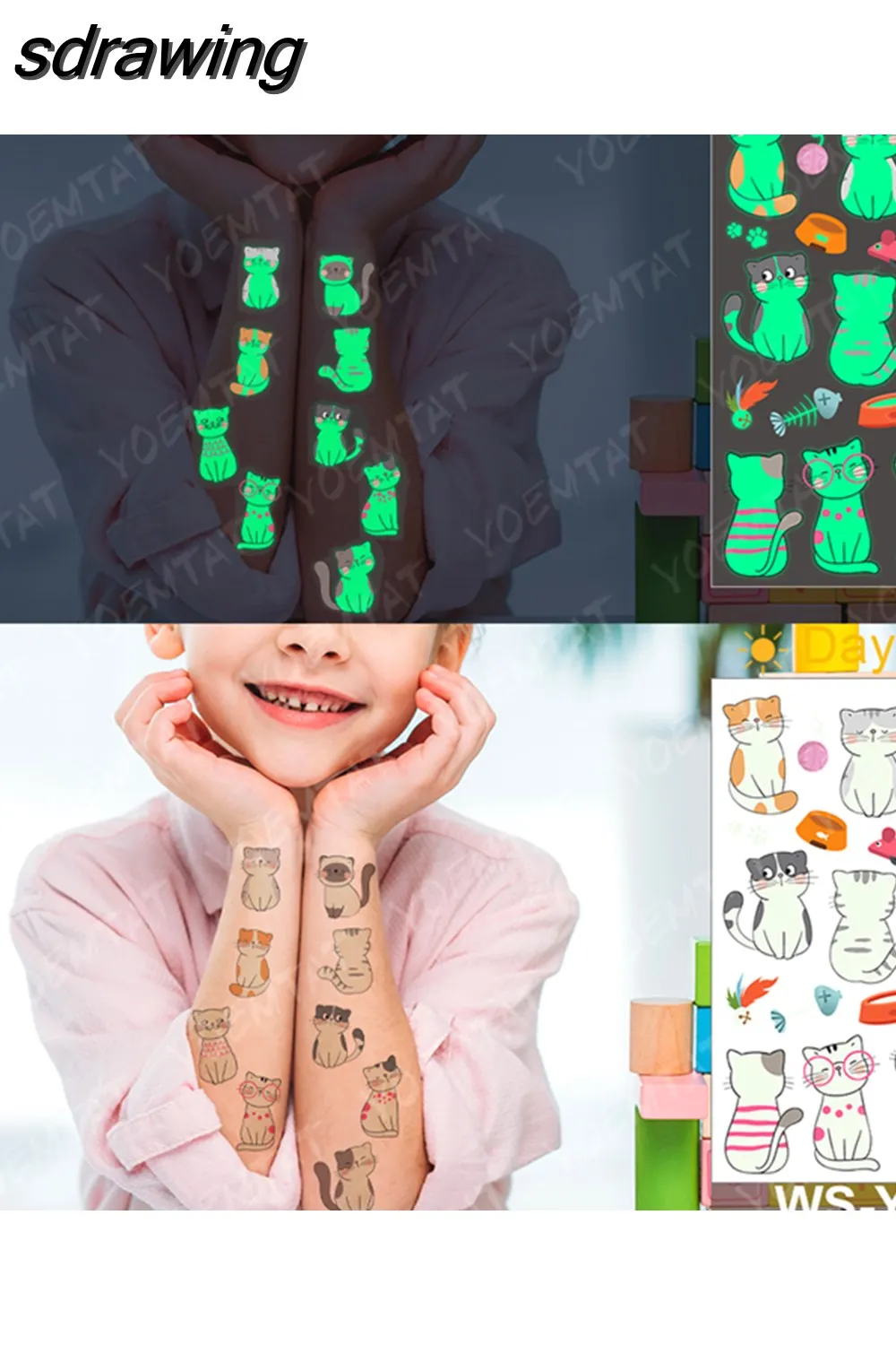 sdrawing Waterproof Temporary Tattoo Woman Sticker Panda Tiger Cute Animal Glowing Tatto Boy Girl Baby Child Kid Flash Fake Tato
