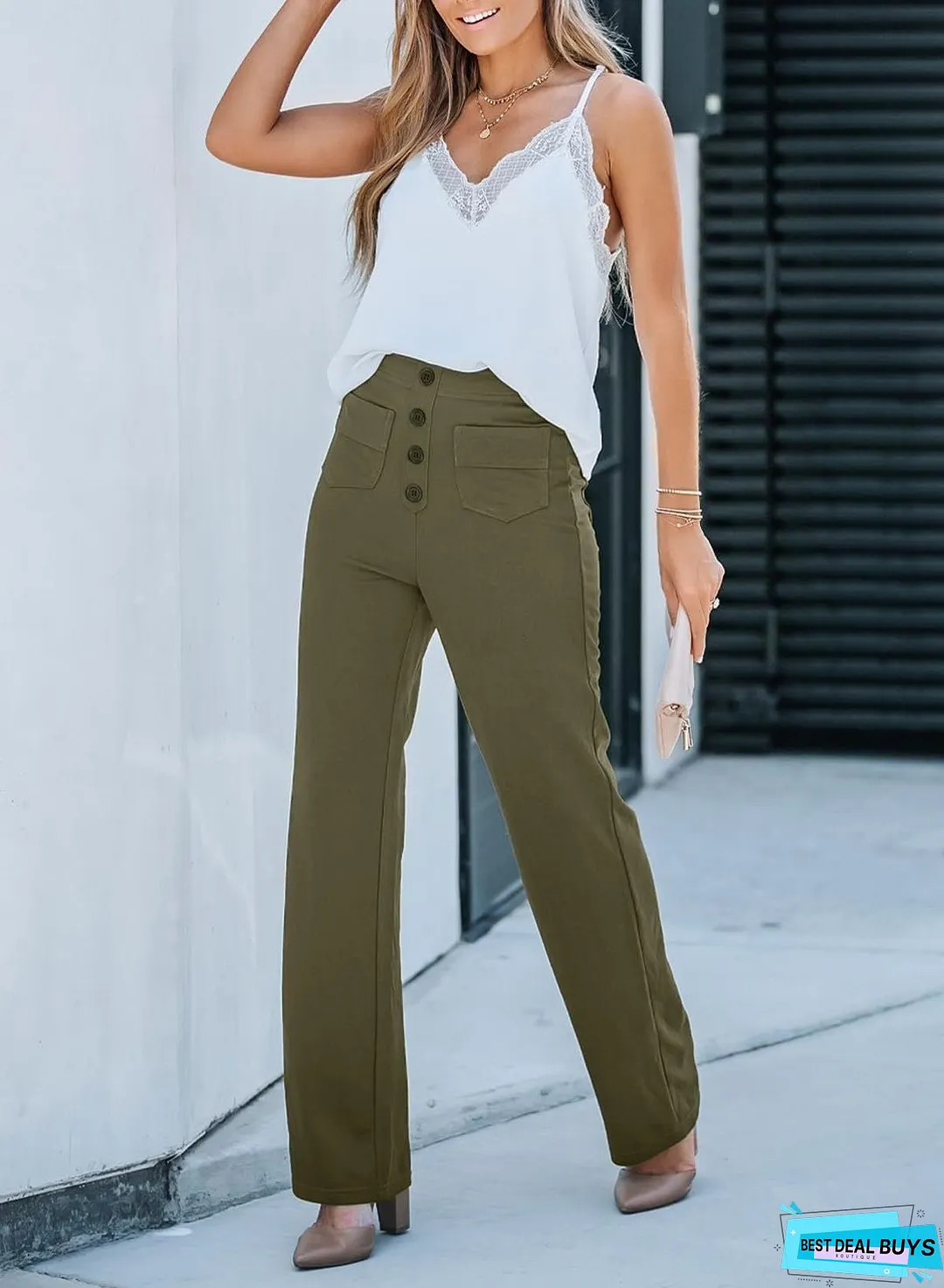 Women's Straight High Waist Button Elastic Band Pants