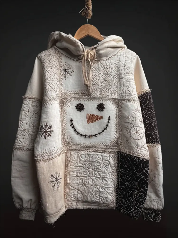 Vintage Snowman & Snowflakes Embroidered Patchwork Hoodie