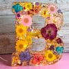 Veilleuse LED avec lettres imprim&eacute;es de fleurs s&eacute;ch&eacute;es en r&eacute;sine