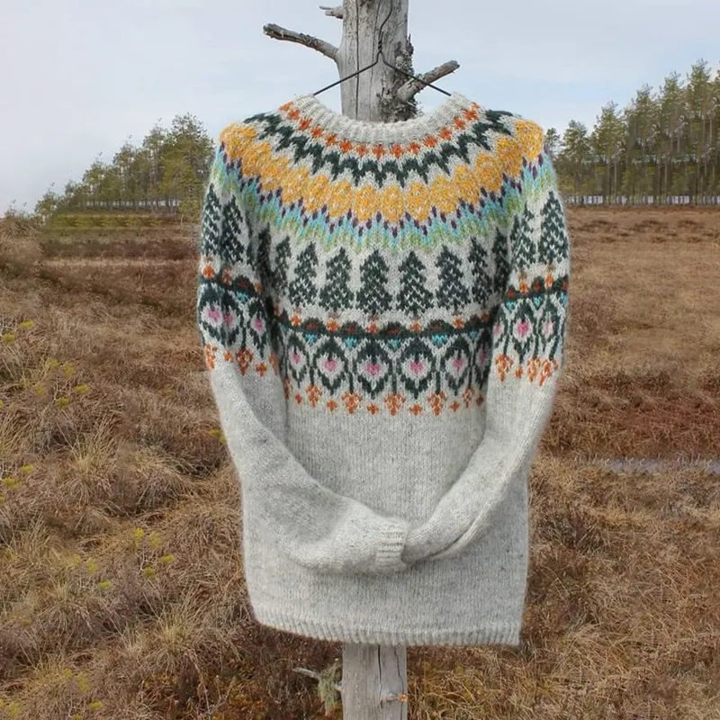 Unisex Vintage Icelandic Tree Knit Jacquard Warmth Crew Neck Sweater