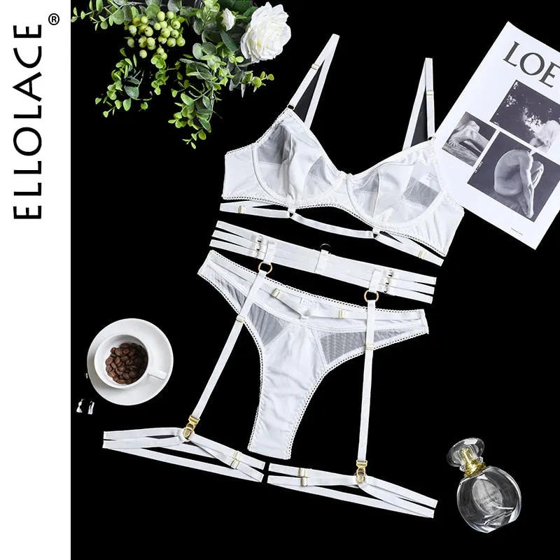 Ellolace Luxury Lingerie 3 Pieces Sexy Transparent Lace Underwear Sensual Patchwork Short Skin Care Kits Garters Exotic Sets