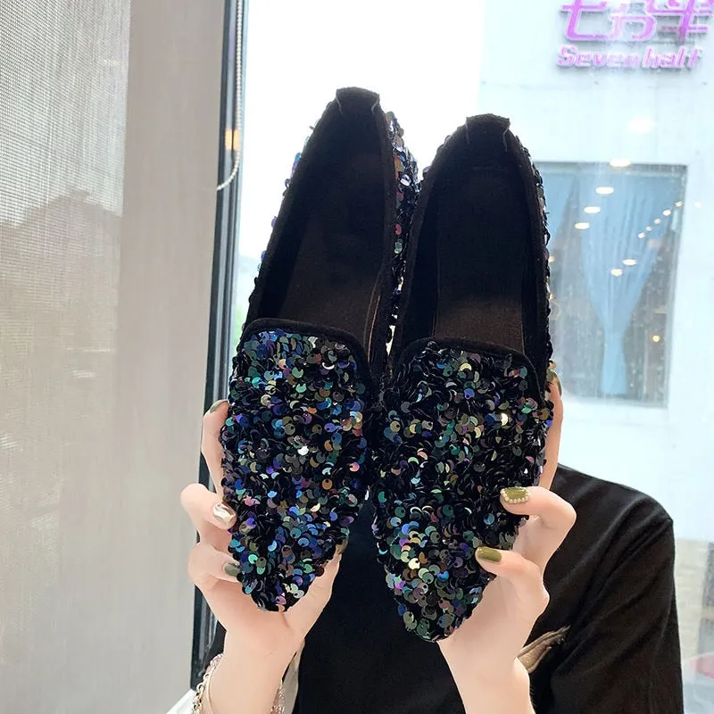 Fashion Women Ballet Shoes Leisure Spring Autumn Ballerina Bling Flash Sequins Flats Shoes Princess Shiny Pointed Wedding Shoes