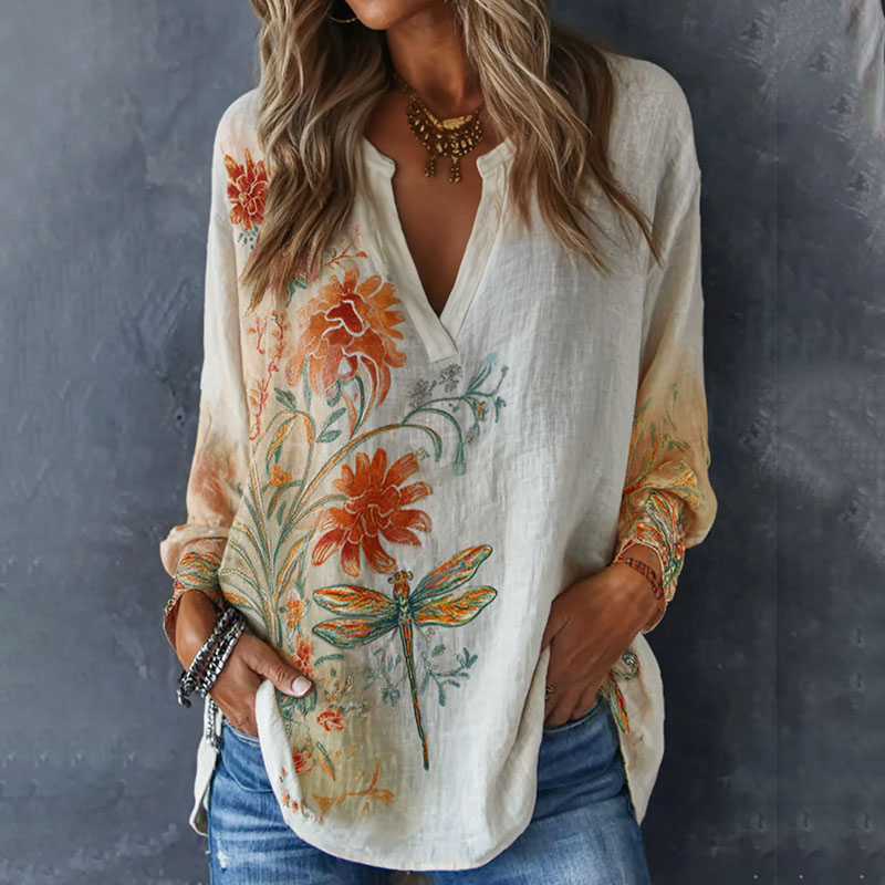 Vintage Dragonfly And Floral  Pattern Linen Long Sleeve Shirts elevenforest