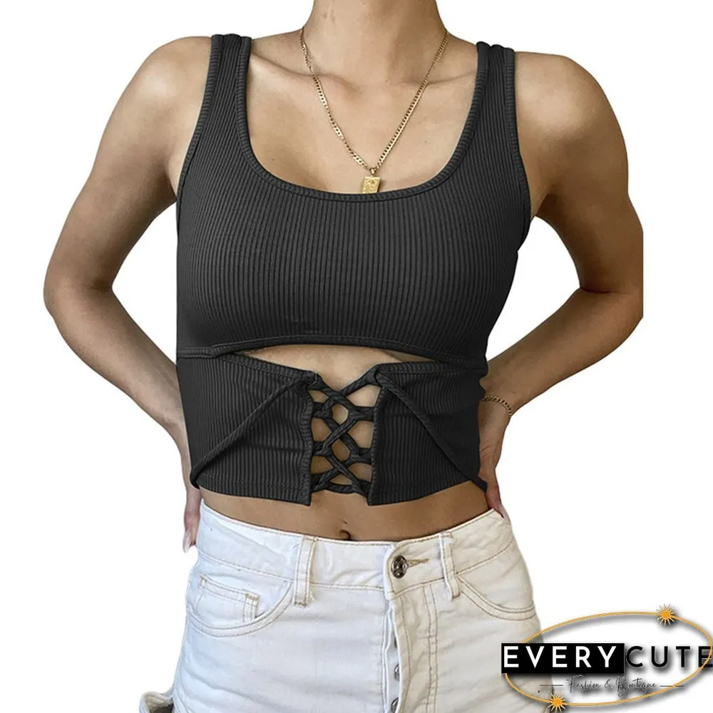 Women's Shirt Sexy U-neck Hollow Out Camisole Sleeveless Solid Color Criss Cross Tank Top Lace-up Rib Knit Crop Tops